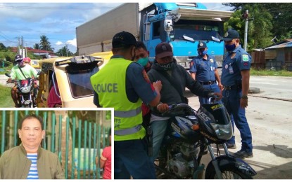 <p><strong>TIGHT CHECK.</strong> Police conduct checkpoint operations along the national highway as part of precautionary measures following the ambush and killing of village Chairperson Datu Jalandoni Akas Matalam (inset) in Pikit, North Cotabato, Wednesday (July 20, 2022). Relatives say  the victim has no known enemies in the area. <em>(Photos from Pikit-MPS  and victim's Facebook account)</em></p>