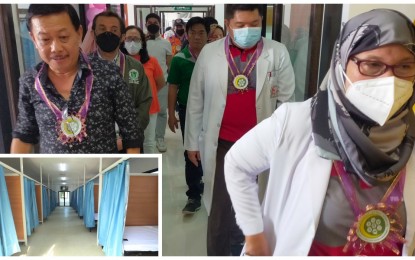 <p><strong>BOOSTING COVID-19 RESPONSE.</strong> Maguindanao health chief, Dr. Elizabeth Samama (right), and BARMM public works minister, Architect Eduard Guerra (extreme left), inspect the newest isolation facility located in the Datu Odin Sinsuat District Hospital in Maguindanao on Friday (July 22, 2022). The 100-bed facility (inset) is also expected to serve patients from Datu Odin Sinsuat town’s neighboring areas. <em>(Photos courtesy of MOH-BARMM)</em></p>