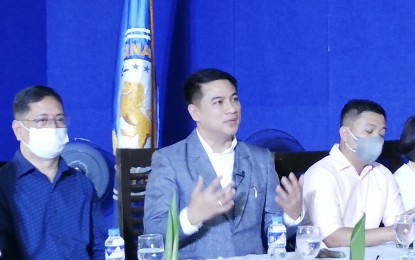 <p><strong>EDUCATION</strong>. Pangasinan State University president Dexter Buted (middle) in a press conference on July 22, 2022. Buted was with the vice presidents of the university. <em>(PNA file photo)</em></p>