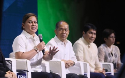 <p><strong>NEWFOUND FRIEND</strong>. Vice President and Education Secretary Sara Duterte says she considers Labor and Employment Secretary Bienvenido Laguesma her newfound friend, during the post-State of the Nation Address (SONA) forum on Tuesday (July 26, 2022). Duterte said coordination between their departments will be intensified to improve the Philippine skills framework. <em>(PNA Photo: Avito Dalan)</em></p>
