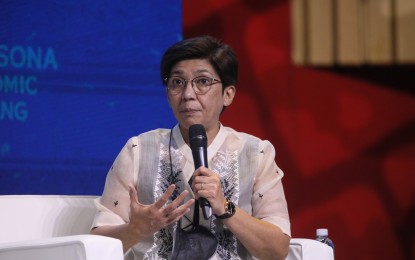 <p><strong>HEALTHCARE SERVICES</strong>. Department of Health (DOH) Officer-in-Charge Maria Rosario Vergeire joins the panel discussion during the post-State of the Nation Address economic briefing at the Philippine International Convention Center in Pasay City on Tuesday (July 26, 2022). She said the DOH plans to establish telemedicine or telehealth services across the country in response to Marcos’ SONA directive to bring healthcare services closer to the people.<em> (PNA photo by Avito Dalan)</em></p>