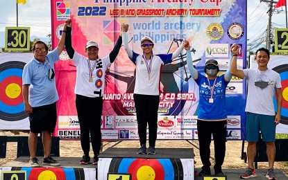 <p><strong>WINNERS.</strong> Andrea Robles (center) with Rachelle dela Cruz (second from left) and Joann Tabanag during the awarding ceremony of the 16th Philippine Archery Cup in Mandaue City, Cebu on July 24, 2022. Also in photo are World Archery Philippine secretary general Rosendo Sombrio (extreme left) and Cebu City Sports Commission chairman John Pages. <em>(Photo courtesy of Andrea Robles)</em></p>