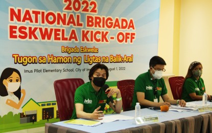 <p><strong>SCHOOL OPENING.</strong> Education spokesperson Michael Poa (center) gives updates on the Department of Education’s school reopening preparation during a press conference in Imus, Cavite on Monday (Aug. 1, 2022). Poa said DepEd is considering building “temporary learning spaces” in areas severely affected by the magnitude 7 earthquake that hit northern Luzon, particularly Abra province.<em> (PNA photo by Jesus Escaros Jr.)</em></p>