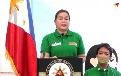 <p><strong>OPTIMISTIC</strong>. Vice President and Education Secretary Sara Z. Duterte delivers her speech at the kickoff program of the National Brigada Eskwela at the Imus Pilot Elementary School in Cavite on Monday (Aug. 1, 2022). Duterte expressed optimism the education sector will overcome challenges brought about by the pandemic and various natural calamities that hit the country. <em>(Screengrab from Facebook live stream)</em></p>