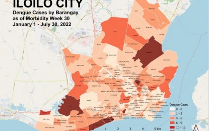 <p><strong>INCREASING DENGUE CASES</strong>. The map shows the incidence of dengue cases in Iloilo City. From Jan. 1 to July 30 this year, cases reached 502 with one death or a 111.8 percent increase compared to the same period last year.<em> (Graphics screenshot from City Health Office report)</em></p>