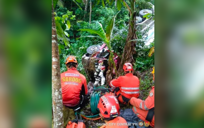 <p><strong>CHEMICAL SPILL.</strong> Rescue workers check on a fallen truck near the Suawan River in Davao City's Marilog District following an accident Tuesday (August 2, 2022). Authorities warned the public of a chemical spill in the river as the tanker truck was carrying the caustic soda chemical substance.<em> (Photo courtesy of  Davao City Central 911)</em></p>
