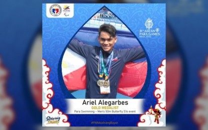 <p><strong>MAKING A SPLASH</strong>. The City of Victorias in Negros Occidental lauded Ariel Joseph Alegarbes on Wednesday (Aug. 3, 2022)  for winning two gold medals in record-breaking fashion at the 11th Asean Para Games 2022 in Indonesia. The 18-year-old swimmer is the country's first double gold medalist in the meet. <em>(Photo courtesy of Philippine Sports Commission)</em></p>