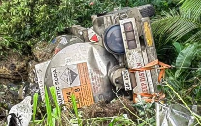 <p><strong>CHEMICAL SPILL.</strong> A tanker carrying a corrosive chemical lay on its side after falling into a ravine near Davao City's Suawan River in Sitio Lanitom, Barangay Suawan, Marilog District, on Tuesday (Aug. 2, 2022). The incident prompted the city government to issue a warning for residents not to conduct activities in the interconnected water bodies of the Suawan, Tamugan, and Davao rivers. <em>(Photo courtesy of Davao Central 911)</em></p>