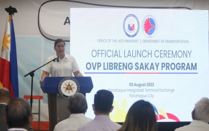 <p><strong>FRUITFUL PARTNERSHIP</strong>. Vice President and Education Secretary Sara Duterte leads the simultaneous launching of the Office of the VP Libreng Sakay, in partnership with the Department of Transportation on Wednesday (Aug. 3, 2022), at the Parañaque Integrated Terminal Exchange (PITX). Duterte said this is the start of the government's fruitful partnership with the private sector. <em>(Photo Courtesy: Avito Dalan)</em></p>