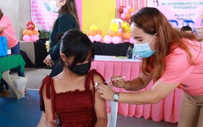 <p><strong>CERVICAL CANCER PREVENTION.</strong> At least 105 adolescent girls aged nine to 14 get their free Human Papilloma Virus (HPV) vaccines in Tandag City, Surigao del Sur, Thursday (August 4, 2022). The city government is intensifying its HPV vaccination drive to protect the younger population from cervical cancer. <em>(Photo courtesy of Tandag CIO)</em></p>