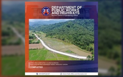 <p><strong>TOURISM ROAD</strong>. The Department of Public Works and Highways (DPWH) has completed the concreting of a road in Dingalan, Aurora province. Aurora District Engineering Office chief Roderick Andal said on Friday (Aug. 5, 2022) the 1.6-kilometer road leads to Abungan Falls. <em>(Photo courtesy of DPWH-3) </em></p>