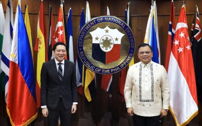 <p>Department of National Defense (DND) officer-in-charge (OIC) Undersecretary Jose Faustino Jr. (right) and Singaporean Ambassador to the Philippines Gerard Ho (left) <em>(DND photo)</em></p>