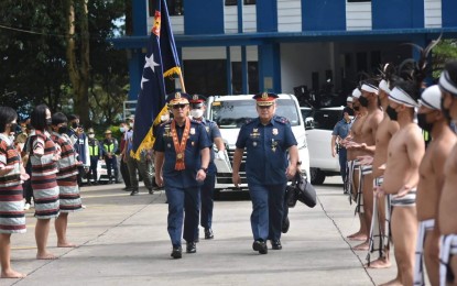 <p><strong>GUEST OF HONOR.</strong> Gen. Rodolfo Azurin Jr. (left), Philippine National Police chief, graces the  change of command of the Police Regional Office-Cordillera at Camp Bado Dangwa in La Trinidad, Benguet on Saturday (Aug. 13, 2022).  Brig. Gen. Ronald Oliver Lee (right) turned over the reins to Brig. Gen. Mafelino Bazar. <em>(Photo courtesy of PIA-Cordillera)</em></p>