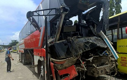 <p><strong>UNDER INVESTIGATION.</strong> An officer of the Land Transportation Franchising and Regulatory Board-Northern Mindanao inspects a bus unit of Rural Transit Mindanao, Inc. on Sunday (Aug. 14, 2022). The 10 passengers sustained injuries after the bus, coming from Cagayan de Oro City enroute to Davao City, fell off a ravine in Manolo Fortich, Bukidnon the night before. <em>(Photo courtesy of LTFRB-10)</em></p>