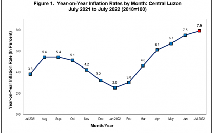 <p><strong>INFLATION RATE UP</strong>. Data table shows that the July 2022 inflation recorded in Central Luzon rose to 7.9 percent from 7.5 percent in the previous month and from 3.8 percent in July 2021. This is the highest annual rate recorded in the region since January 2018. <em>(Infographic by PSA-RSSO)</em></p>