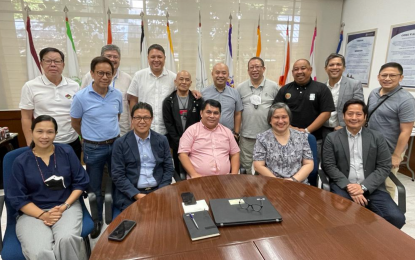 <p><strong>COMMITMENT</strong>. Officials of the Philippine National Volleyball Federation (PNVF) and the University Athletic Association of the Philippines (UAAP) pose for photo opportunity after meeting at Adamson University in Manila on Tuesday (Aug. 16, 2022). The UAAP committed to support the volleyball national team program. <em>(Contributed photo)</em></p>