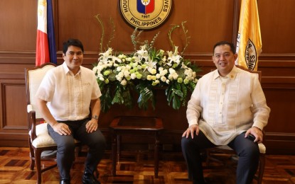 <p><strong>COURTESY CALL</strong>. Department of Social Welfare and Development (DSWD) Secretary Erwin Tulfo pays a courtesy call on Speaker Martin Romualdez at Speaker's office in the House of Representatives on Wednesday (Aug. 17, 2022). Romualdez lauded the DSWD move to streamline the grant of financial assistance to indigents.<em> (Photo courtesy of House Press and Public Affairs Bureau)</em></p>