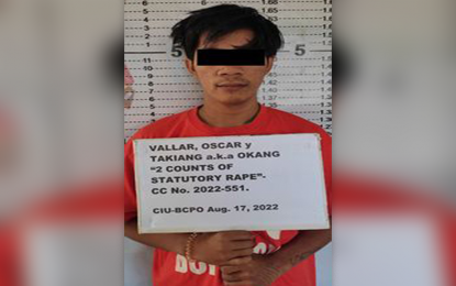 <p><strong>SUSPECTED CHILD ABUSER.</strong> Rape suspect Oscar Takiang Vallar, 22, the 7th most wanted person in the Caraga Region, is arrested by authorities on Wednesday (August 17, 2022) in Butuan City. The other rape suspect, Eric Vistal Inchoco, 45, listed as the tenth most wanted in the area, was nabbed in Magallanes, Agusan del Norte. <em>(Photo courtesy of PRO-13)</em></p>