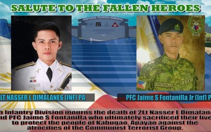 <p><strong>KILLED IN ACTION</strong>. Army soldiers mourn the death of two comrades who died sacrificing their lives as "heroes" in a battle against the communist guerrillas in Kabugao, Apayao province on Aug.18, 2022. The fatalities were identified as 2nd Lt. Nasser Dimalanes of Maguindanao province, and Private First Class Jaime Fontanilla Jr. of La Union. <em>(Photo from 5th ID) </em></p>