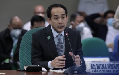 <p>FACING THE SENATE. Executive Secretary Vic Rodriguez shares before the Senate Blue Ribbon Committee the status of sugar supply on Tuesday (Aug. 23, 2022). Rodriguez likewise narrated the incidents before and after the controversial Sugar Order No. 4 which was supposed to allow the importation of 300,000 metric tons of sugar but later turned out to be an unauthorized order.<em> (Photo courtesy of Senate PRIB)</em></p>