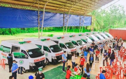 <p><strong>MODERN AMBULANCES.</strong> The PHP15.3 million worth of ambulance vehicles during the ceremonial turnover at the North Cotabato capitol complex on Tuesday (Aug. 23, 2022). Nine towns of the province each received an ambulance.<em> (Photo courtesy of North Cotabato PIO)</em></p>
