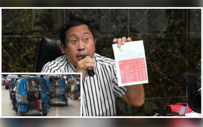 <p><strong>FARE MATRIX.</strong> General Santos City Councilor Dominador Lagare Jr. shows the fare matrix approved by the City Motorized Tricycle Franchising and Regulatory Board, during a news conference at the City Hall on Wednesday (Aug. 24, 2022). The city government has called for the citywide dissemination of the new fare matrix, after complaints from the public that trike drivers (inset) continue to charge excessive fares.<em> (Photo courtesy of General Santos CIO)</em></p>
