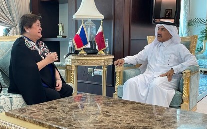<p><strong>BILATERAL TIES.</strong> Department of Foreign Affairs Undersecretary for Bilateral Relations and Asean Affairs Ma. Theresa P. Lazaro (left) and Dr. Ahmed Hassen Al Hammadi discuss Philippines-Qatar relations during the inaugural Joint Consultation Meeting on Political Consultations on Aug. 23, 2022. The Philippine and Qatar governments are looking at expanding their partnership on ways to address climate change. <em>(Photo courtesy of DFA)</em></p>