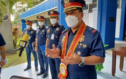 <p><strong>PRESS BRIEFING</strong>. Brig. Gen. Leo Francisco, director of Police Regional Office 6 (Western Visayas) talks to reporters during his command visit at the Negros Occidental Police headquarters in Bacolod City on Friday (Aug. 26, 2022). He said they would continue to focus on the campaign against illegal drugs as part of the directives of Philippine National Police Chief, Gen. Rodolfo Azurin. <em>(PNA photo by Nanette L. Guadalquiver)</em></p>