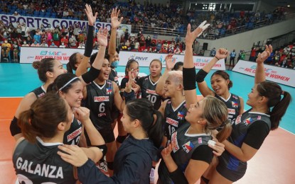 <p><strong>WINNER.</strong> Team Philippines celebrates its victory over Australia, 21-25, 25-19, 19-25, 25-18, 15-12, in the Asian Volleyball Confederation Cup for Women at the Philsports Arena in Pasig City on Sunday (Aug. 28, 2022). It will face Chinese Taipei for fifth place on Monday. <em>(Photo courtesy of AVC)</em></p>