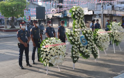 <p><strong>COMMEMORATING HEROES.</strong> Members of the Cagayan de Oro City Police Office prepare the wreaths to be delivered to the monument of hero Dr. Jose Rizal in Cagayan de Oro City on Monday (Aug. 29, 2022) in commemoration of National Heroes Day. The Police Regional Office in Northern Mindanao says the observance remembers the men and women of the past who made contributions to the liberation of the nation, as well as modern heroes who fought against crime and terrorism. <em>(Photo courtesy of COCPO)</em></p>
