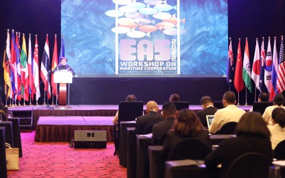<p><strong>SAVE THE OCEANS.</strong> Foreign Affairs Undersecretary Ma. Theresa Lazaro delivers her remarks for the opening program of the 2022 EAS Workshop on Maritime Cooperation at the Sofitel Philippine Plaza in Pasay City on Tuesday (Aug. 30, 2022). Lazaro outlined the need to strengthen scientific and technical cooperation to find "transformative" solutions to protect and preserve the marine environment. <em>(PNA photo by Jesus Escaros)</em></p>