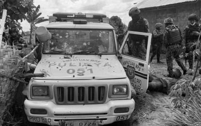 <p><strong>BULLET-RIDDLED.</strong> The ill-fated police vehicle ambushed by still unknown attackers in Ampatuan, Maguindanao on Tuesday morning (Aug. 30, 2022). Slain in the incident were the town’s police chief and the patrol car’s driver. <em>(Photo courtesy of Ampatuan MPS)</em></p>