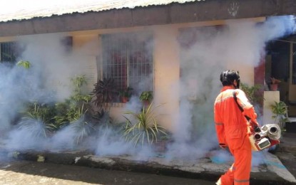<p><strong>FOGGING VS. DENGUE</strong>. Personnel of Bacolod City Health Office conducts fogging inside a public school campus days before the opening of classes last week. In its advisory on Wednesday (Aug. 31, 2022), the City Health Office urged residents to search and destroy all breeding and nesting places of mosquitoes as dengue cases increased by 240 percent in the third week of August. <em>(File photo courtesy of Bacolod City Health Office)</em></p>