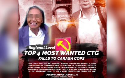 <p><strong>4th MOST-WANTED.</strong> The Police Regional Office 13 (Caraga) reported Thursday (Sept. 1, 2022) the arrest of Atheliana Hijos (left), alias Ka Atel, the fourth most-wanted New People’s Army rebel in the region who also serves as the secretary general of Gabriela in the area. Hijos, who has standing arrest warrants for murder and serious illegal detention, was arrested in Nasipit, Agusan del Norte, on Tuesday (Aug. 30, 2022).<em> (Photo courtesy of PRO-13)</em></p>