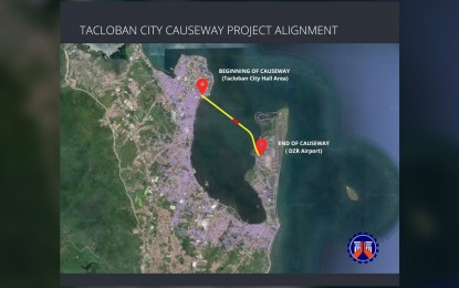 <p><em><strong>NEW CAUSEWAY</strong>. </em>A map showing the location of the proposed Tacloban City Causeway project. The Tacloban city government said Friday (Sept. 9, 2022) that the construction of a causeway to connect the City Hall complex to the airport would decongest traffic along the major thoroughfare here.<em> (DPWH photo)</em></p>