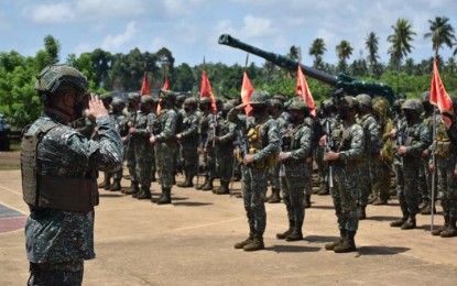 <p><strong>MARINE TROOPS</strong>. Marine forces from Sulu stand in formation during their send-off ceremony Friday (Sept. 2, 2022) at the 4th Marine Brigade Headquarters in Luuk, Sulu. The Armed Forces of the Philippines pulled out the marine forces and deployed them to Northern Luzon for border control and external defense duty. <em>(Photo courtesy of the 4th Marine Brigade)</em></p>