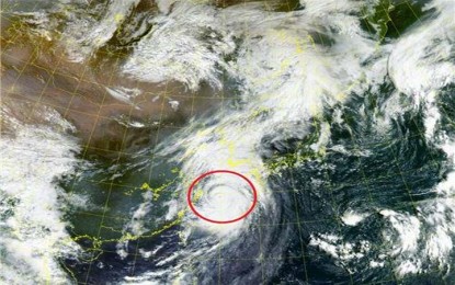 <p>In this image taken by South Korea's geostationary satellite, Chollian-2A, at 7:20 a.m. on Sept. 5, 2022, and released by the National Meteorological Satellite Center, Typhoon Hinnamnor is seen moving northward near the country's largest island of Jeju. (Yonhap)</p>