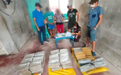 <p><strong>ANTI-DRUG OP</strong>. A total of 81 pieces of dried marijuana leaves with fruiting tops wrapped in transparent plastic, valued at PHP9.72 million were seized from two drug suspects in an operation in Balagtas, Bulacan on Sunday (Sept. 4, 2022). Charges for violation of Sections 5 and 11, Article II of Republic Act 9165, the Comprehensive Dangerous Drugs Act, are being readied for filing in court against the two suspects.<em> (Photo courtesy of the Bulacan Police Provincial Office)</em></p>