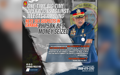 <p><strong>INTENSIFIED DRIVE.</strong> Some 161 individuals involved in illegal gambling were arrested in simultaneous police operations conducted by the Police Regional Office in the Caraga Region (PRO-13) on Tuesday (Sept. 6, 2022). The intensified drive is related to the MKK-K (Malasakit, Kaayusan, Kapayapaan, at Kaunlaran) program of the Philippine National Police. <em>(Photo courtesy of PRO-13)</em></p>