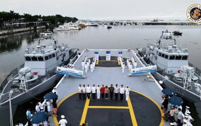 <p><strong>MISSILE BOATS.</strong> Officials of the Armed Forces of the Philippines and the Philippine Navy lead the christening rites for the two Israeli-made fast attack interdiction craft-missiles (FAIC-Ms), the BRP Nestor Acero (PG-901) and BRP Lolinato To-Ong (PG-902), at the Navy headquarters in Manila on Tuesday (Sept. 6, 2022). AFP chief of staff Lt. Gen. Bartolome Vicente Bacarro said the procurement of these vessels shows the Philippines' strong ties with other countries. <em>(Photo courtesy of Philippine Navy)</em></p>