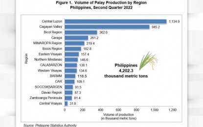 <p><strong>PALAY PRODUCTION</strong>. Central Luzon remained the top producer of palay in the country in the second quarter of 2022. The region produced 1,134,900 metric tons, contributing 27 percent to the country’s output. <em>(Infographic by PSA-RSSO III)</em></p>