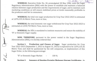 <p><strong>SUGAR ORDER</strong> 1. President Ferdinand “Bongbong” Marcos Jr., who is also the concurrent Agriculture chief and SRA board chairperson, signs Sugar Order (SO) 1 released on Tuesday (Sept. 13, 2022). Under SO1, the SRA shall allocate an estimated 1.8 million metric tons of sugar for domestic market use. <em>(Photo courtesy: SRA)</em></p>