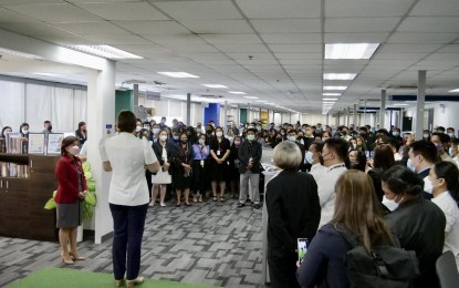 <p><strong>FOR EFFICIENCY’S SAKE</strong>. Vice President and Education Secretary Sara Duterte delivers her message to the Office of the VP employees as they open their unified central office on Sept. 12, 2022 in Mandaluyong City. She said the new office will help unify and streamline the OVP's public services. <em>(Photo Courtesy: Office of the Vice President)</em></p>