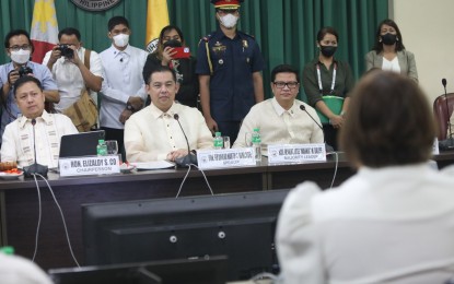 <p><strong>BUDGET HEARING.</strong> Vice President and Department of Education Secretary Sara Duterte (right) thanks the House leadership led by Speaker Martin Romualdez, Majority Leader Manuel Jose "Mannix" Dalipe, and the House Committee on Appropriations chairman Zaldy Co, for the swift termination of the 2023 budget of the Office of the Vice President (OVP). The OVP submitted a proposed PHP2.3-billion budget for 2023 <em>(Photo courtesy of House Press and Public Affairs Bureau)</em></p>
