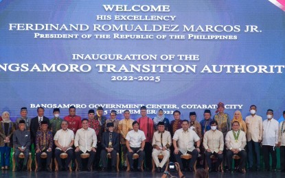 <p><strong>NEW BTA.</strong> President Ferdinand Marcos Jr. (seated, 6th from left) attends the inauguration of the new Bangsamoro Transition Authority at the BARMM Compound in Cotabato City on Thursday (Sept. 15, 2022). The officials of the new BTA will serve for three years before the first Bangsamoro elections in 2025. (C<em>ourtesy of Senate Zubiri Facebook)</em> </p>
