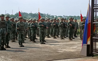 <p><strong>ADDITIONAL TROOPS</strong>. Marine units in Sulu prepare to be deployed in Ilocos Norte to augment counter-insurgency operations in Central and Northern Luzon. They arrived at the Laoag International Airport on Thursday afternoon (Sept. 16, 2022). <em>(Photo courtesy of Northern Luzon Command-AFP)</em></p>