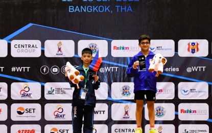 <p><strong>SECOND PLACE.</strong> Khevine Cruz from the Philippines (left) with champion Vatsal Duklan of India during the awarding ceremony of the World Table Tennis (WTT) Youth Contender competition at the Fashion Island Mall i Bangkok, Thailand on Sunday (Sept. 18, 2022). The 11-year-old Khevine is the younger brother of national team mainstay Kheith Rhynne Cruz. <em>(Contributed photo)</em></p>