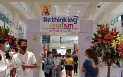 <p><strong>TOURISM FAIR.</strong> The entrance to the 22nd Provincial Tourism Week event in Ayala Malls Capitol Central in Bacolod City during the opening day on Monday (Sept. 19, 2022). Various local government units are showcasing the best of their products, tourism destinations, arts and culture, and investment opportunities under the theme “Rethinking Tourism”. <em>(PNA photo by Nanette L. Guadalquiver) </em></p>