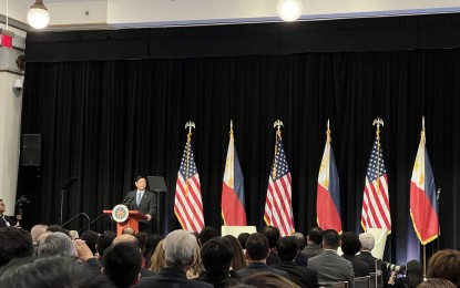 <p><strong>PBBM WOOS INVESTORS.</strong> President Ferdinand Marcos Jr. speaks to American businessmen at the New York Stock Exchange Business Forum in New York City on Sept. 20, 2022 (Tuesday, Philippine time). Marcos, who is on the second day of his six-day trip to the United States, said his engagement at the NYSE serves as an "invaluable opportunity" to share with business leaders how the Philippines is ramping up efforts to open up the economy and accelerate post-pandemic recovery.<em> (Contributed photo)</em></p>