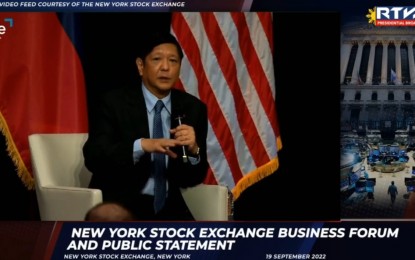 <p><strong>UPGRADING SKILLS.</strong> President Ferdinand Marcos Jr. speaks at the New York Exchange Business Forum on Tuesday (Sept. 20, 2022, Manila time) as part of his working visit to the United States. The President vowed to improve the Philippines’ education system by providing learners with the skill training they need. <em>(Screengrab from RTVM)</em></p>